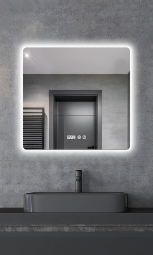 Espejo Led Baño Touch 3 Modo Con Antivaho Hora Temp 60x60cm