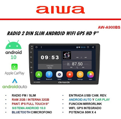Radio Carro Aiwa Android 10 Pantalla 9' Wifi 32gb + 2gb Ram