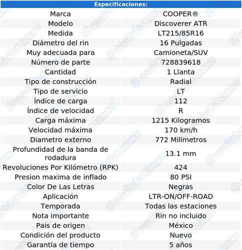 Llanta Cooper Discoverer Atr Lt 215/85r16 115/112 R