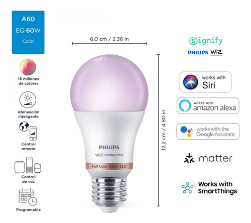 Pack 2 Ampolletas Led E27 Philips Smart 60 W Luz Rgbw Multicolor