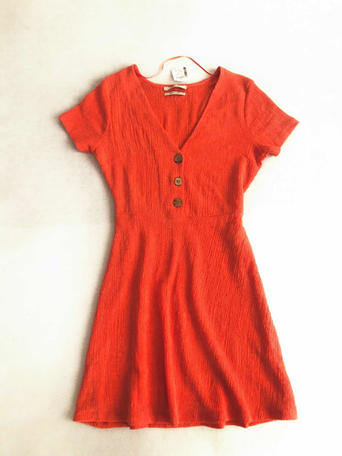 Pull & Bear Vestido Naranja Escotado Tela Corrugada Original