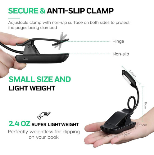 Luz Del Libro Recargable 7 Led,de Intensidad Regulable Luz
