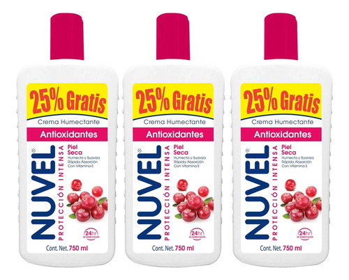 3 Crema Corporal Nuvel Piel Seca Antioxidantes 750ml Extracto De Arándanos