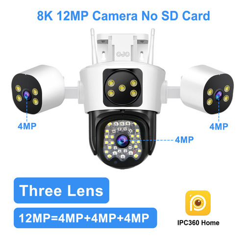 12MP Ojo® Cámaras De Seguridad Tres Lentes Tres Pantalla Ptz 1440p Con Función De Alarma Rotación Ajustable Del Brazo