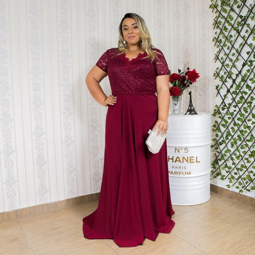 Imagem 4 de 7 de Vestido Festa Marsala Plus Size Madrinha Manga Luxo Brilho