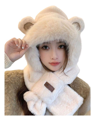 Gorro + Bufanda D Peluche Peludo Calentito Invierno Orejitas Blanco Orejas Osito Unico