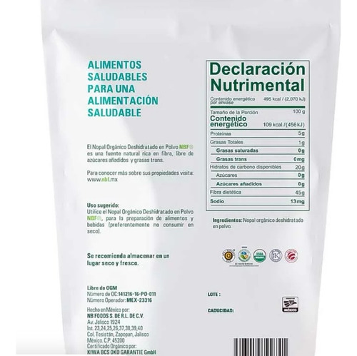 Nopal Orgánico Deshidratado En Polvo 454g Nbf