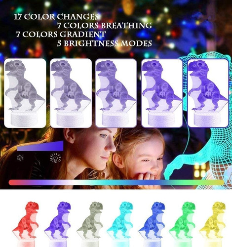 Imagen 3 de 4 de Luz Nocturna Led Rgb Dinosaurio 3d Un Solo Toque.