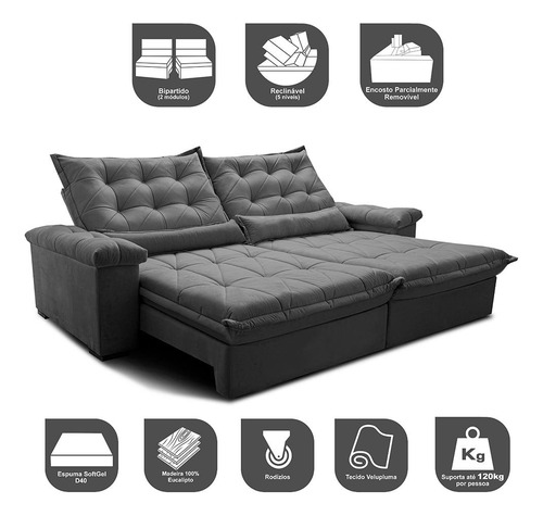 Sofá Retrátil 2,55m Cama Inbox Big Fresh. Com Softgel d40 Cor Cinza
