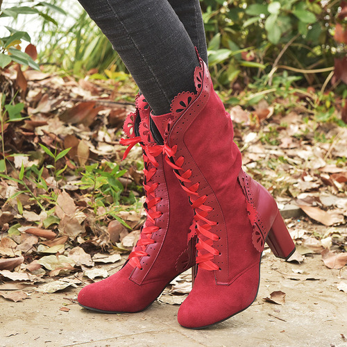 Botas A Media Pantorrilla Con Tacón Y Cordones Para Mujer