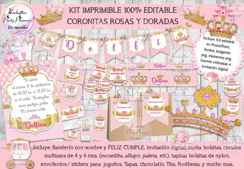 Kit Imprimible Coronitas Rosas Y Doradas 100% Editable