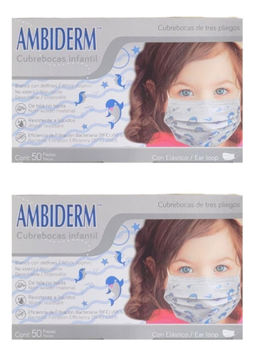 Pack Cubrebocas Ambiderm Infantil Color: Blanco Con Delfines