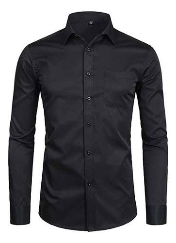 Camisa De Vestir Ajustada Para Hombre, Manga Larga Con Boton