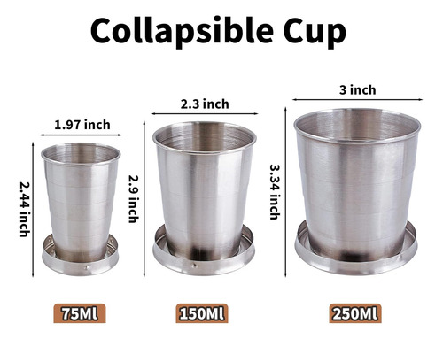 3 Tazas De Viaje Plegables Con Llavero, 2.5 Oz, 5 Oz, 8.45 O