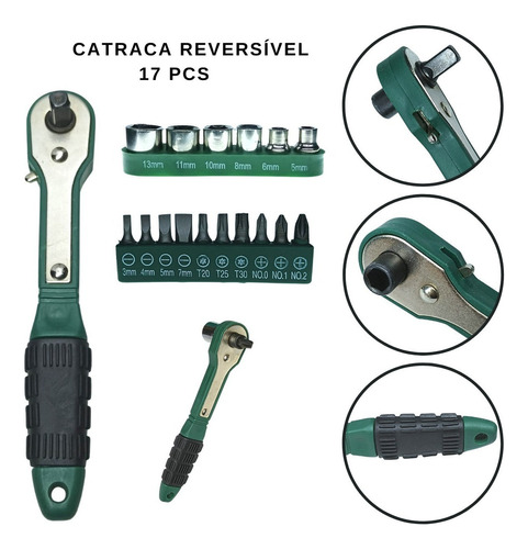 Mini Jogo Chave Catraca Soquete Bits 1/4 17 Pcs Reversivel