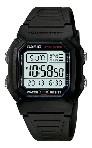 Reloj pulsera Casio Collection W-800h-1AVDF de cuerpo color negro, digital, para hombre, fondo blanco, con correa de resina color negro, dial negro, minutero/segundero negro, bisel color negro y hebilla simple