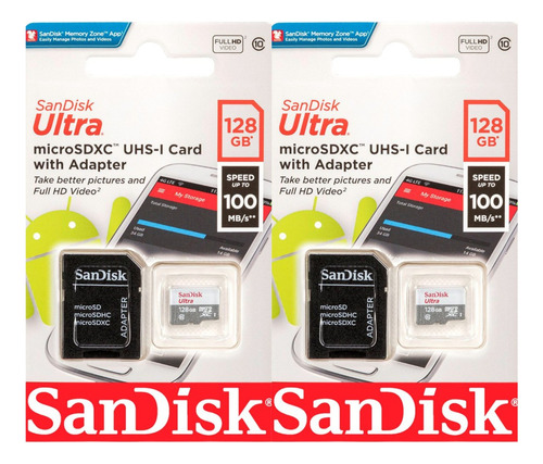 Memoria Micro Sd 128 Gb Sandisk Clase 10 C/ Adapt Pack X 2