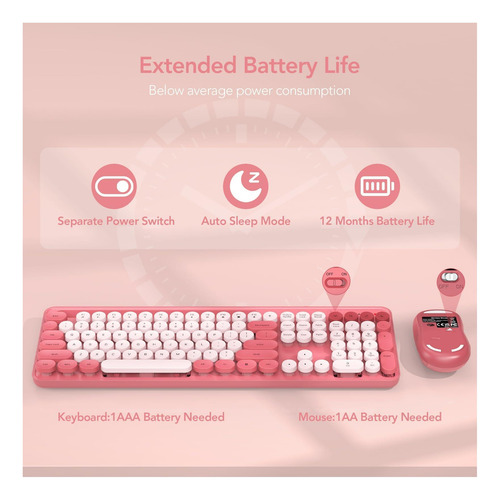 Combo De Teclado Y Mouse Inalámbricos, Teclado Retro Redondo Rosa.