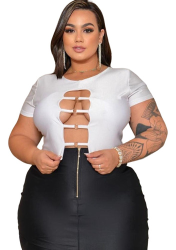 Cropped Decotado Feminino Plus Size Sensual Balada Moderno G