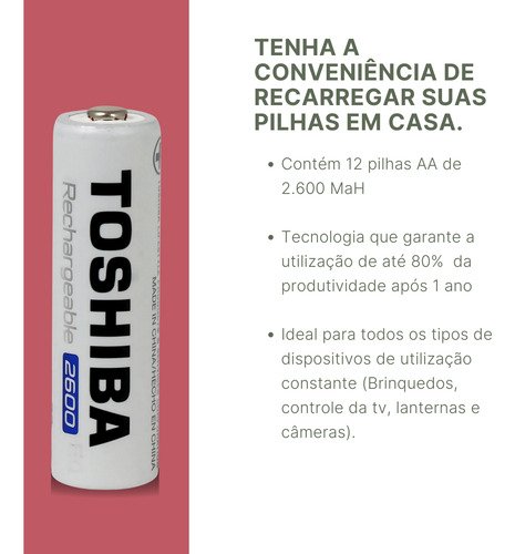 Kit C/12 Pilhas Recarregáveis Aa 2600 Mah Toshiba 2a Normal