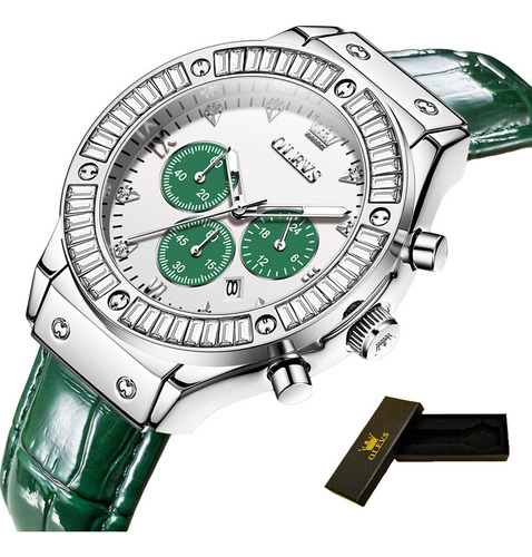 Reloj De Lujo Olevs Chronograph Luminous Calendar Color Del Fondo Green/white