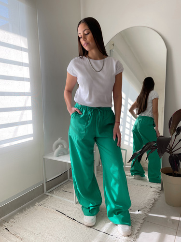 Pantalon Mujer Lino Con Elastico Palazzo Liso