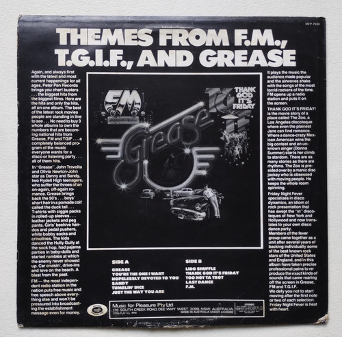 Hit Songs From Movies Grease F.m T.g.i.f Lp Australi 1978 Ex (Usado)