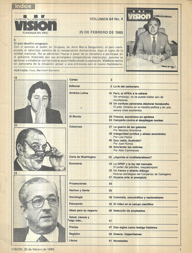 Revista Visión 25 Febrero 1985 / Vol. 64 N° 4 / Sanguinetti (Usado)