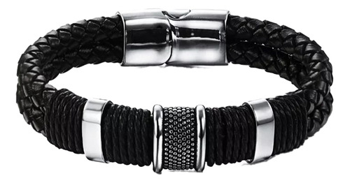 Pulsera Hombre Cuero Trenzado Acero Inoxidable  Magnética 