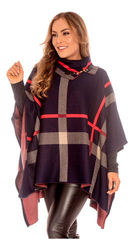 Poncho Feminino Xadrez Preto Marinho Areia Jacquard Tricô 