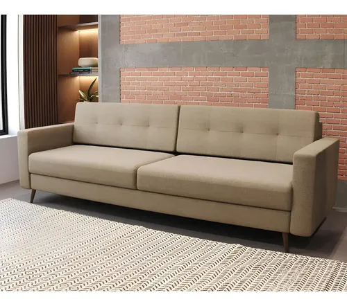 Sofá 3 Lugares Living Pé Palito Linho Cotton Bege 210 Cm