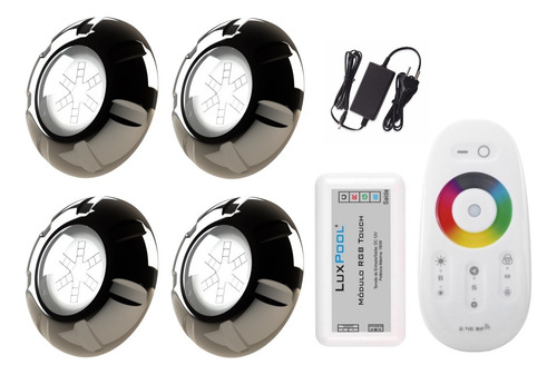 Kit Led Piscina Com Controle + 4 Leds Rgb 9w Inox + Fonte