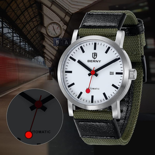 Berny Reloj Automatico Clasico Para Hombre De Pulsera Verde Plateado Blanco
