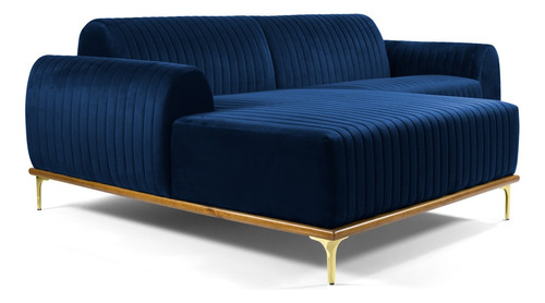 Sofá 300cm 5 Lugares Com Chaise Esquerdo Pés Gold Molino B-3 Cor Azul-escuro Desenho Do Tecido Liso