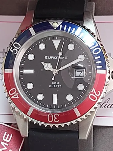 Reloj Eurotime Submariner Con Caucho Vidrio Lupa Sumergible