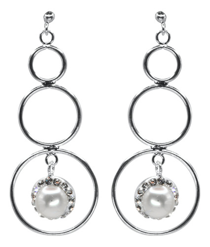 Aros De Plata 925 Triple Argolla Perla Strass