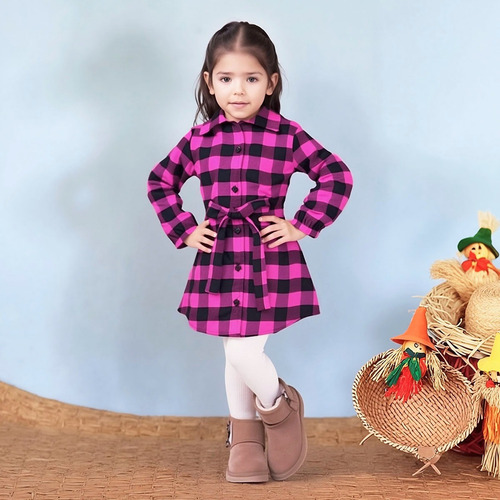 Vestido Camisa Infantil Chemise Xadrez Flanelada Com Cinto