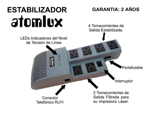 Imagen 4 de 6 de Estabilizador De Tension Atomlux R1000 Pc Tv Oficina Ps4