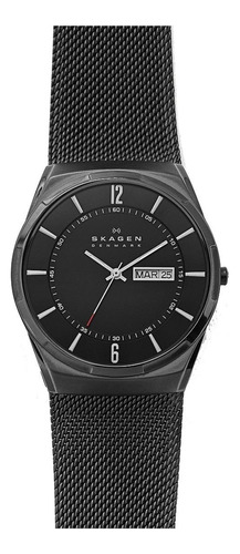 Reloj de pulsera Skagen Melbye de cuerpo color midnight, analógico, para hombre, fondo midnight, con correa de acero inoxidable color negro, agujas color blanco y rojo, dial blanco, minutero/segundero blanco, bisel color negro y hebilla de gancho