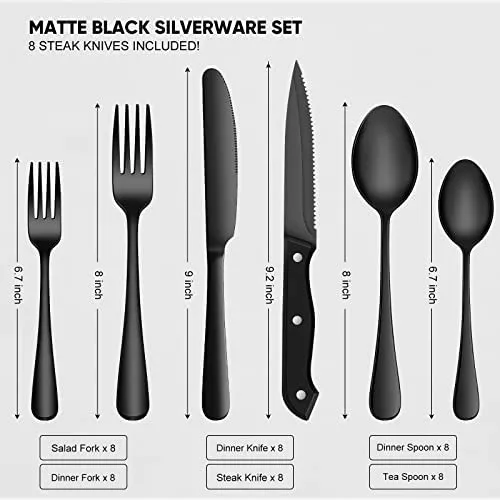 Juego de cubiertos negros de 48 piezas con cuchillos para carne, juego de  cubiertos negros para 8, cubiertos de acero inoxidable de grado  alimenticio
