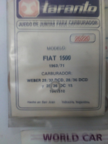 Juntas Carburador Taranto - Fiat 1500 - Año 1963-71 - Weber