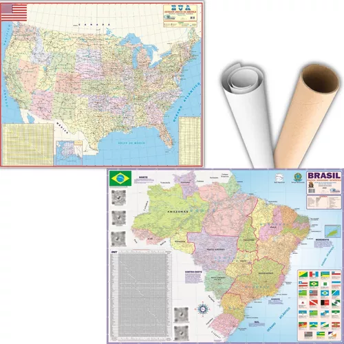 Kit Mapa Brasil + Estados Unidos Eua Usa Geográfico Politico Escolar Poster
