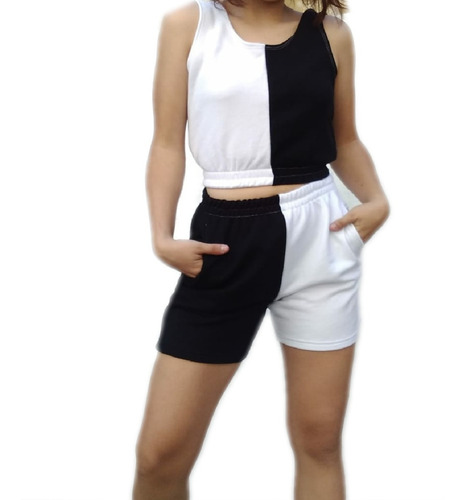 Conjunto Bicolor Top Y Short,algodón Rústico De Mujer.