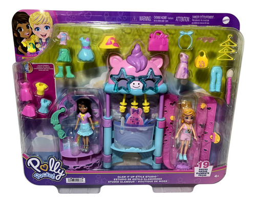 Playset Conjunto Boutique Loja De Moda Do Unicórnio - Acompanha Boneca Menina Loira Polly Pocket E Negra Shani Com Acessórios Roupa Roupinha Que Mudam De Cor Com Água - Mattel Brinquedos