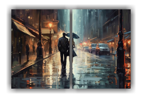 80x60cm Cuadro Diptico Colorido A Couple Walking On A Rainy 
