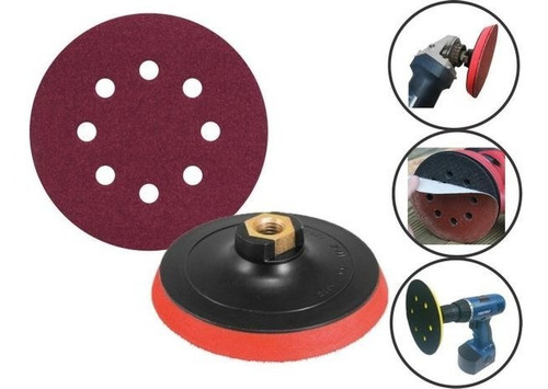 Imagem 2 de 9 de Base De Lixa Disco C/ Velcro 125 + Lixas 40g E 100g