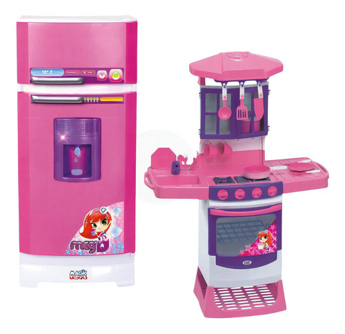 Cozinha Infantil + Geladeira Mágica Sai Água De Verdade Cor Rosa