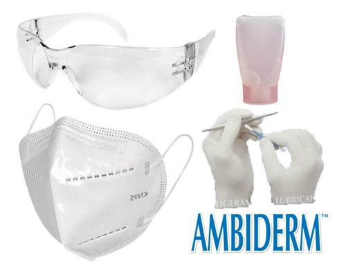 Kit Antiviral 2 Guantes Ambiderm Lentes Cubrebocas Kn95 Gel