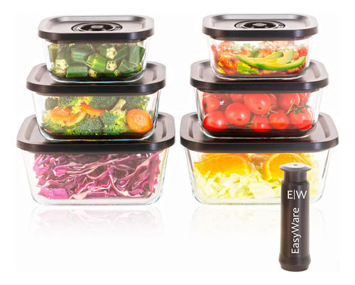 EasyWare Juego de 6 Recipientes De Vidrio Con Bomba Al Vacío Herméticos, A prueba de fugas Refractarios, Contenedores. 13 piezas - 6 recipientes - 6 tapas - 1 bomba - apilable y saludable.