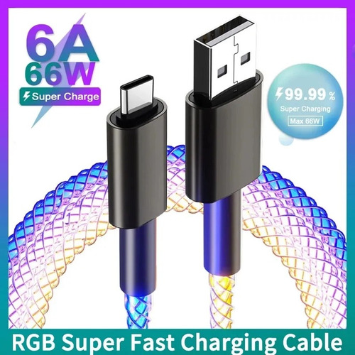 Cable Tipo C Datos Carga Rápida Rgb Super 6a Flujo Cool